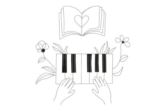 Piano and Book Love Embroidery Design